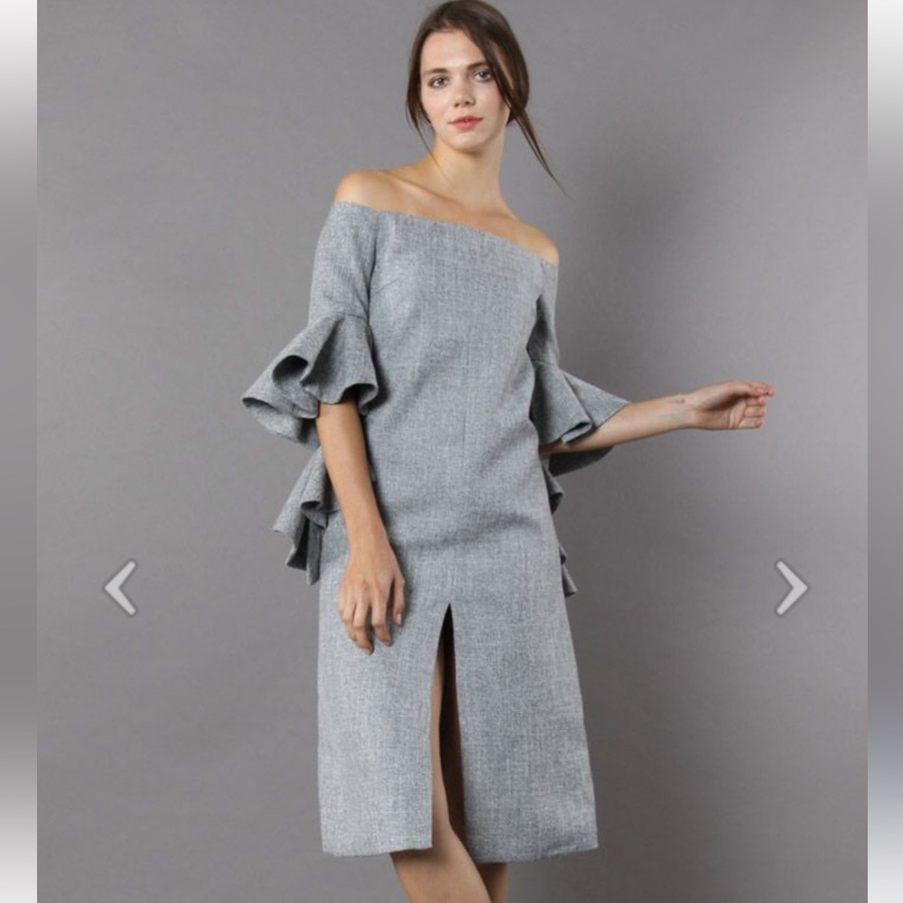 CHICWISH CLASSY GREY TWILL DRESS WITH FRILLING SLEEVES SMALL NWT